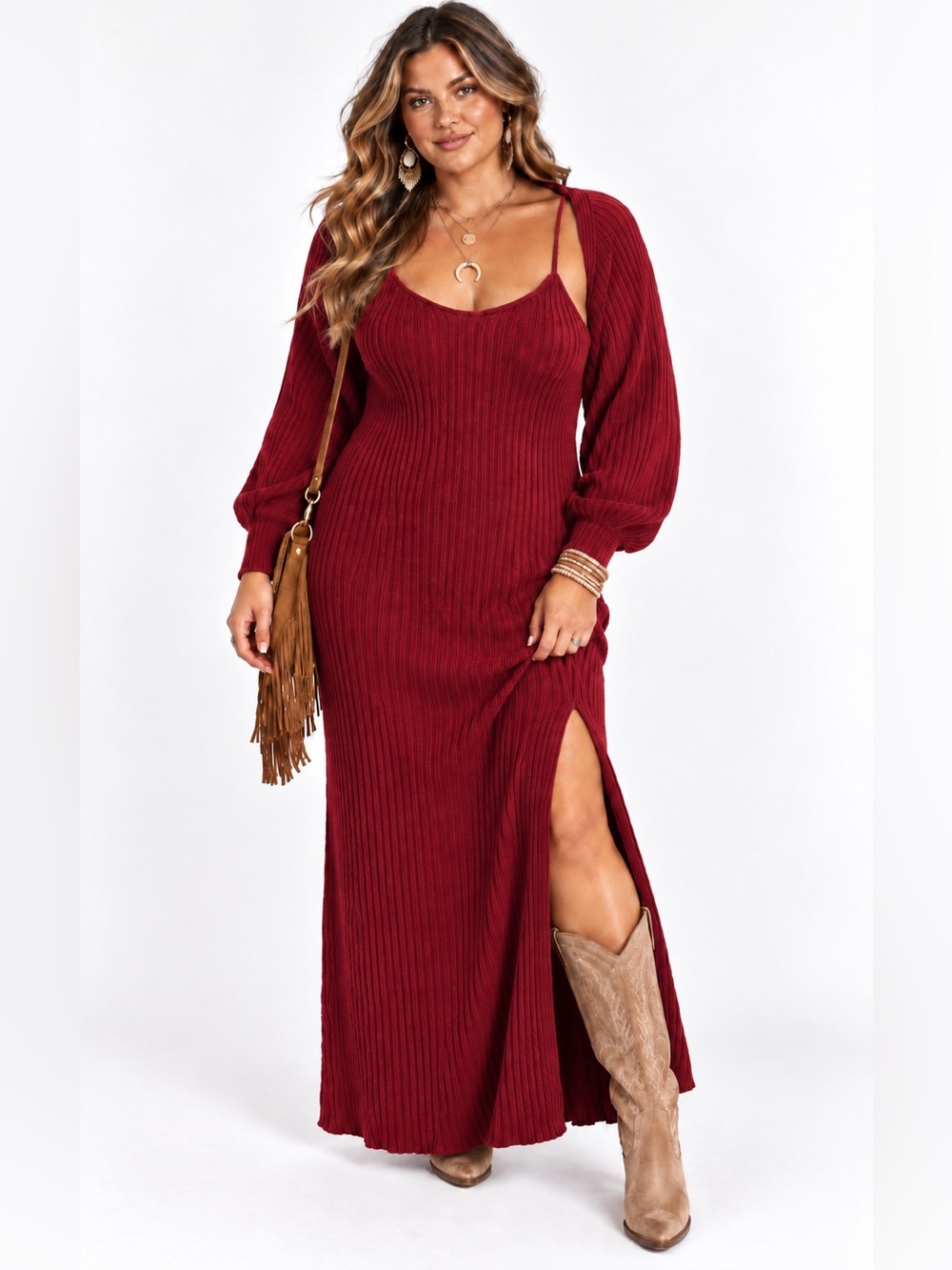 Women’s Ribbed Deep-V Red Sweater Dress